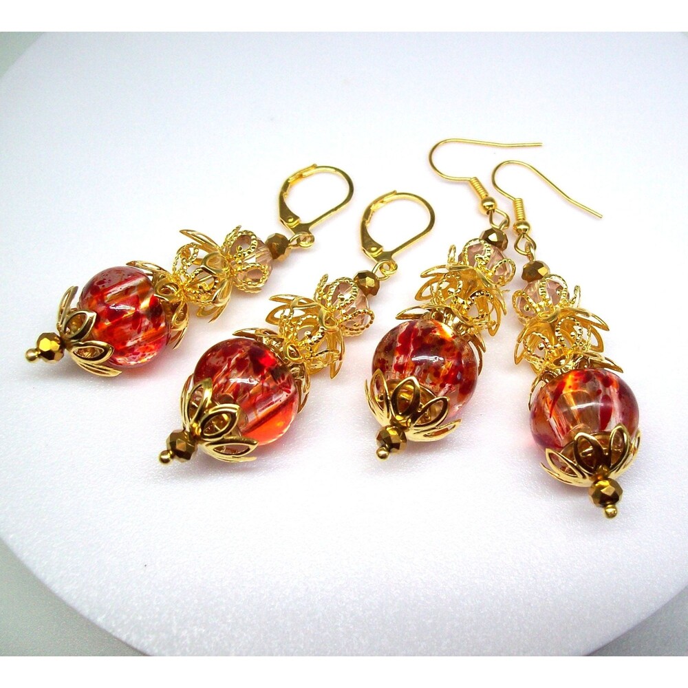Lampwork & Crystal Dangle Earrings, Orange, Gold, Artisan Crafted Handmade Jewel